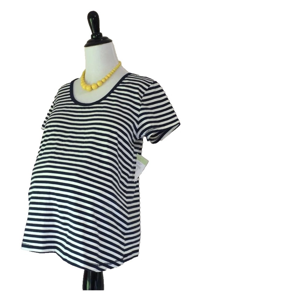 New Maternity T Shirt Top Women M 8 10 Navy Blue White Stripe Preppy Coastal Duo